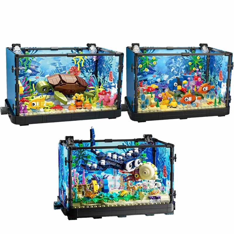 Ocean Aquarium - ชุดบล็อกตัวต่อตู้ปลาพร้อมไฟ，ตู้ปลา，เต่าทะเล，ของเล่นตัวต่อสำหรับเด็กอายุ 14 ปีขึ้นไป，ของขวัญ，ของตกแต่งบ้าน